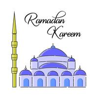 Blue mosque and minaret vector illustration with text Ramadan Kareem. Simple and minimalist Islamic greeting vector design.