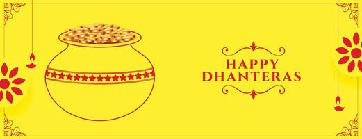 indian festival happy dhanteras wishes banner with kalasha and gold coin vector