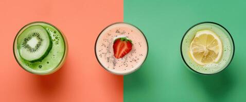 AI generated Trio of Fruit Smoothies Top View photo