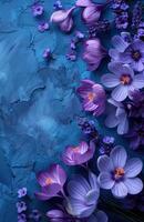 AI generated the flowers of crocus, lavender, and violet, on a blue background photo