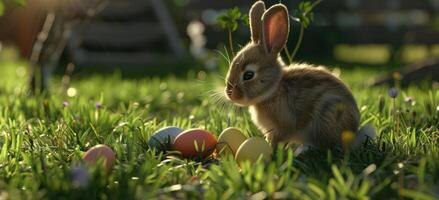 AI generated Easter Bunny with Eggs in Grass photo