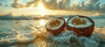 AI generated coconut juice with coconut milk on the beach photo