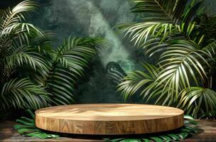 ai generado un vacío de madera podio en un verde antecedentes con palma hojas foto