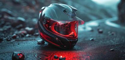 ai generado rojo casco de rcx motorista para motocicleta en un sombreado superficie en el oscuro foto