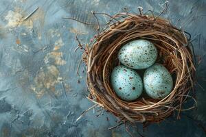 AI generated easter egg in an empty nest on blue background photo
