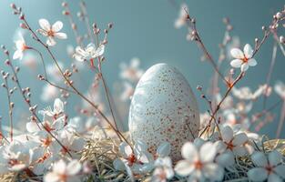 ai generado algunos huevos, plantas y flores rodear un Pascua de Resurrección huevo foto