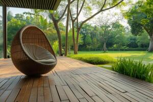 ai generado un de madera terraza con vista a un Mañana jardín ver foto