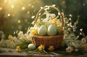 AI generated eggs and flowers in a basket photo