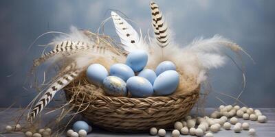 ai generado Pascua de Resurrección huevos en un cesta y plumas, foto