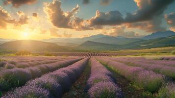 AI generated Beautiful landscape with blooming lavender fields in Provence. photo