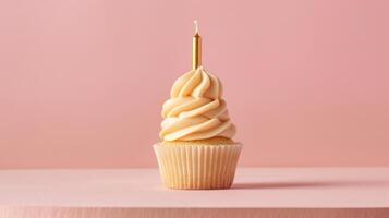 AI generated A top gold candle on a cupcake set against a soft pastel pink backdrop photo