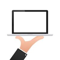 Hand presenting modern laptop with blank screen, isolated vector illustration for web and graphic design