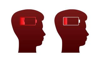 Vector illustration of two silhouetted profiles with battery level indicators, concept for mental energy or cognitive load