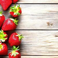 AI generated eap of fresh strawberries in bowl on white wooden background. Top view point. photo