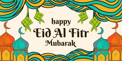 hand drawn happy eid al fitr mubarak horizontal banner illustration vector