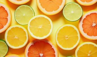 AI generated citrus slices are lying on top of yellow background photo