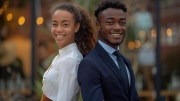 AI generated A young woman in brown trousers and a white shirt stands smiling back to back with a young man in a dark blue suit photo