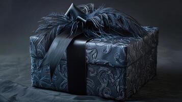 AI generated A black gift box set against a dark contrasting background, adorned with a textured bow and feathers photo