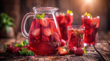 AI generated A cool summer beverage featuring strawberries served in a jug and glasses on a rustic wooden table photo