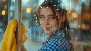 ai generado un joven hermosa mujer en un a cuadros azul camisa lavados un ventana con un brillante amarillo trapo foto