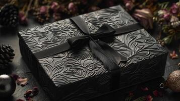 AI generated A black gift box set against a dark contrasting background, adorned with a textured bow and feathers photo