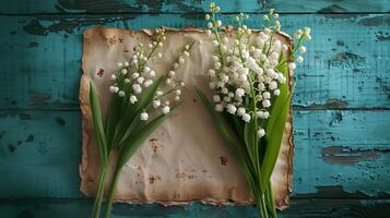 AI generated A bouquet of lily of the valley flowers and a blank sheet of paper on a turquoise rustic table viewed from above photo