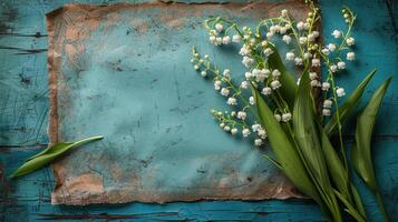 AI generated A bouquet of lily of the valley flowers and a blank sheet of paper on a turquoise rustic table viewed from above photo