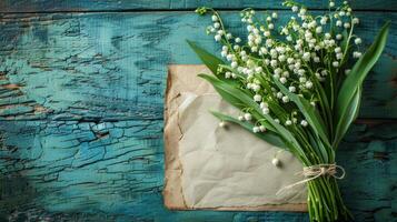 AI generated A bouquet of lily of the valley flowers and a blank sheet of paper on a turquoise rustic table viewed from above photo