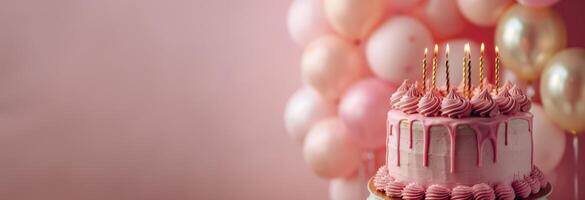 ai generado un cumpleaños pastel en rosado adornado con dorado velas y globos foto