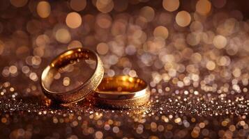 AI generated Panoramic banner of two upright gold wedding bands symbolic of love and romance on a textured glitter background photo