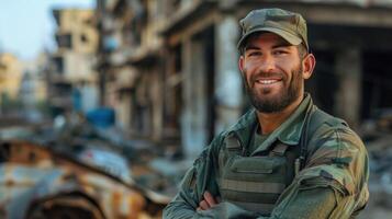 AI generated Soldier's Smile Amidst Ruins photo