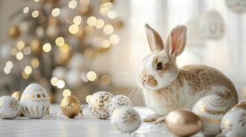 AI generated Easter decoration with rabbit and eggs and copy space. photo