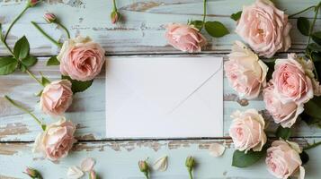 ai generado un blanco blanco saludo tarjeta presentando un rosado Rosa flor ramo de flores y un sobre con floral brotes en un blanco de madera antecedentes foto