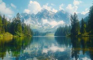 ai generado un hermosa lago en un montaña rango con arboles en el antecedentes foto