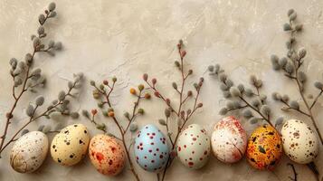 AI generated Easter eggs and green branches arranged on a beige background photo
