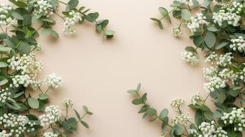 AI generated Mockup of a wedding invitation card featuring natural eucalyptus and white gypsophila plant twigs. The blank card mockup is set against a beige background. photo