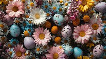 AI generated Easter-themed backdrop featuring spring flowers and Easter eggs. photo