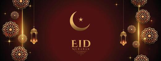 eid mubarak golden islamic greeting banner with moon and lantern vector