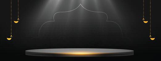 3d podium platform on dark black banner for diwali festival celebration vector