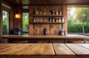 AI generated Wood table top on blur abstract green from garden in the morning background photo