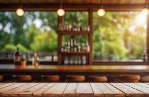 AI generated Wood table top on blur abstract green from garden in the morning background photo