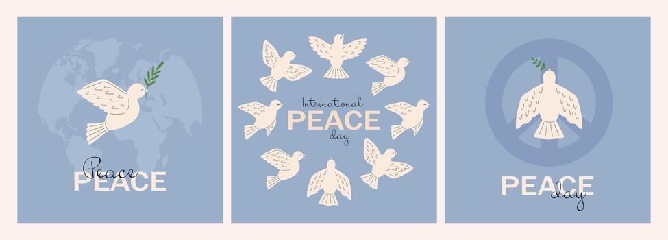 Dove of peace. International Day of Peace banner, card, poster, flyer. Peace and love, freedom, no war concept. Pacifism symbols. Vector illustration in flat hand drawn style