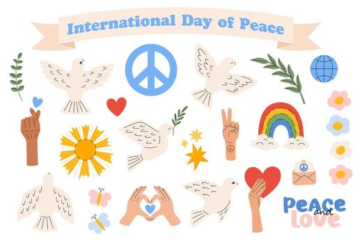 Peace and love, freedom, no war sticker pack. Dove bird, Rainbow, heart, arms. International Day of Peace. Pacifism and Hippie symbols. Vector illustration in flat hand drawn style