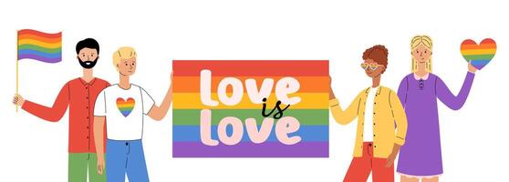 LGBT community. Different people hold rainbow flag, banner love is love and heart. Gays, lesbians, transsexuals and bisexual celebrating LGBT pride month. LGBTQ. Vector illustration in flat style