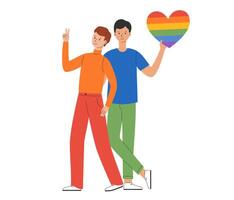 LGBT community. Men gays or bisexuals hug and hold rainbow heart. Pride parade. LGBTQ pride month. Vector illustration in flat style