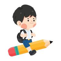 Kid boy student flying on Pencil back to school vector