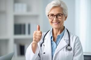 AI generated Elderly female doctor giving the thumbs up sign photo