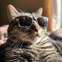 ai generado un gato en Gafas de sol preparando para el próximo verano temporada foto