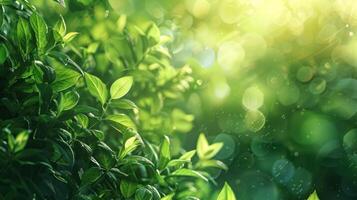 AI generated A vibrant, healthy green bio backdrop featuring abstract blurred foliage, bathed in bright summer sunlight photo