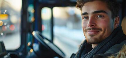 ai generado joven hermoso autobús conductor se sienta detrás el rueda de un autobús y mira a el cámara sonriente. foto